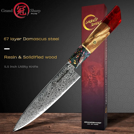 Grandsharp 5.5 Inch Utility Knife Ultra Sharp Japanese Damascus Steel 67 Layers Chef's Kitchen Cooking Tools Red White Handle