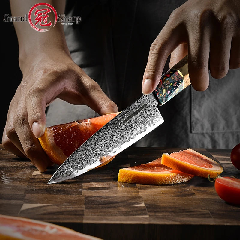 Grandsharp 5.5 Inch Utility Knife Ultra Sharp Japanese Damascus Steel 67 Layers Chef's Kitchen Cooking Tools Red White Handle