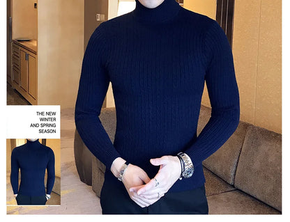 2023 Korean Slim Solid Color Turtleneck Sweater Mens Winter Long Sleeve Warm Knit Sweater Classic Solid Casual Bottoming Shirt