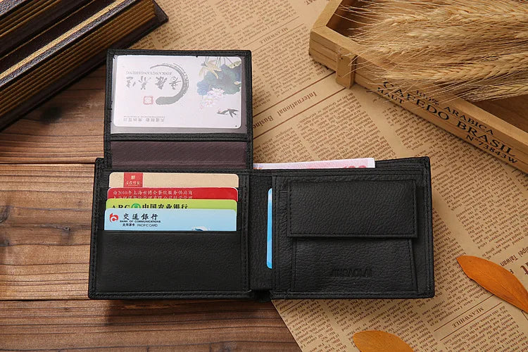 Genuine Leather Mens Wallet Premium Product Real Cowhide Wallets For Man Short Black Walet Portefeuille Homme Short Purses