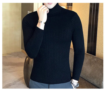 2023 Korean Slim Solid Color Turtleneck Sweater Mens Winter Long Sleeve Warm Knit Sweater Classic Solid Casual Bottoming Shirt