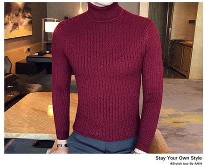 2023 Korean Slim Solid Color Turtleneck Sweater Mens Winter Long Sleeve Warm Knit Sweater Classic Solid Casual Bottoming Shirt