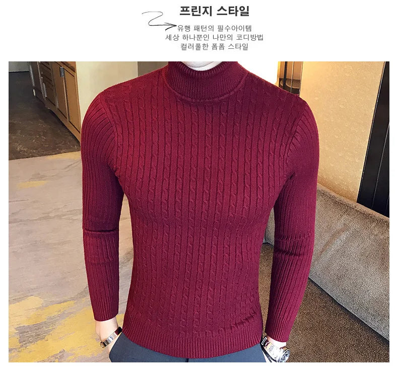 2023 Korean Slim Solid Color Turtleneck Sweater Mens Winter Long Sleeve Warm Knit Sweater Classic Solid Casual Bottoming Shirt