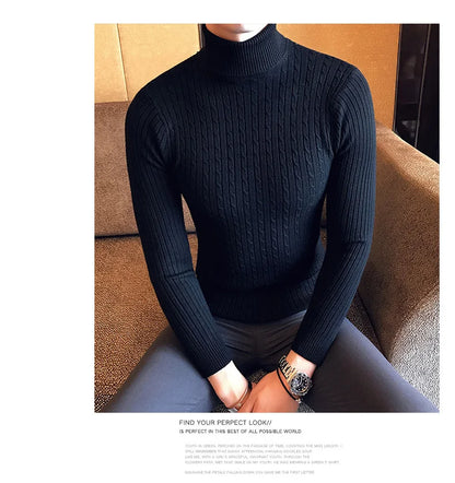 2023 Korean Slim Solid Color Turtleneck Sweater Mens Winter Long Sleeve Warm Knit Sweater Classic Solid Casual Bottoming Shirt