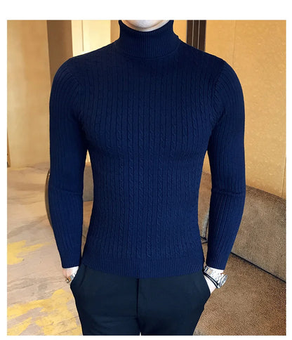 2023 Korean Slim Solid Color Turtleneck Sweater Mens Winter Long Sleeve Warm Knit Sweater Classic Solid Casual Bottoming Shirt