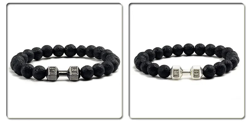 Natural Volcanic Stone Bracelet Men Matte Black Lave White Beads Charm Dumbbell Strand Bracelets Women Barbell Fitness Jewelry