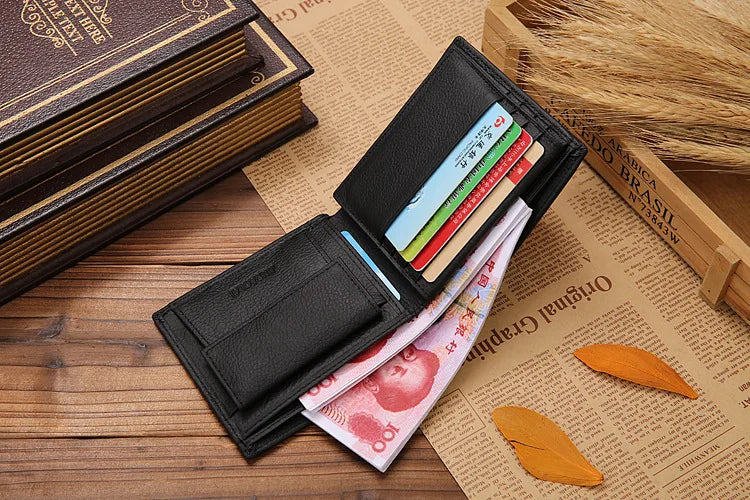 Genuine Leather Mens Wallet Premium Product Real Cowhide Wallets For Man Short Black Walet Portefeuille Homme Short Purses