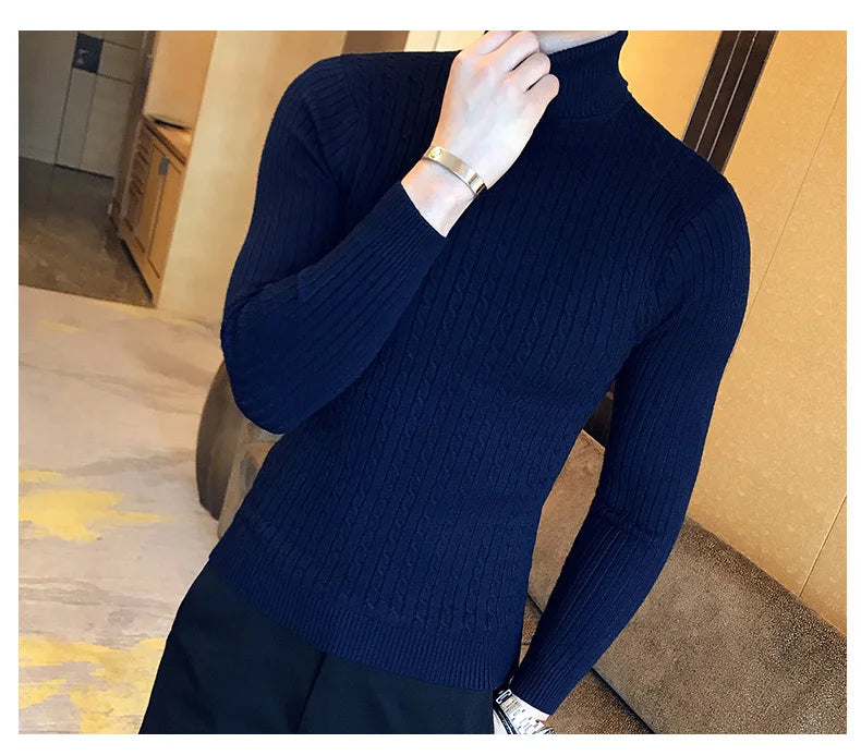 2023 Korean Slim Solid Color Turtleneck Sweater Mens Winter Long Sleeve Warm Knit Sweater Classic Solid Casual Bottoming Shirt