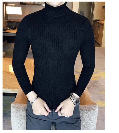 2023 Korean Slim Solid Color Turtleneck Sweater Mens Winter Long Sleeve Warm Knit Sweater Classic Solid Casual Bottoming Shirt