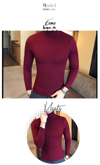 2023 Korean Slim Solid Color Turtleneck Sweater Mens Winter Long Sleeve Warm Knit Sweater Classic Solid Casual Bottoming Shirt