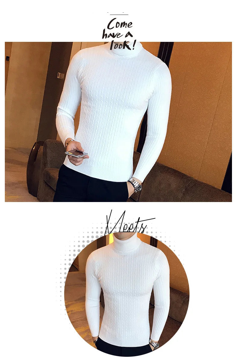 2023 Korean Slim Solid Color Turtleneck Sweater Mens Winter Long Sleeve Warm Knit Sweater Classic Solid Casual Bottoming Shirt