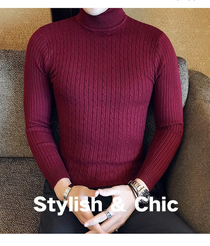 2023 Korean Slim Solid Color Turtleneck Sweater Mens Winter Long Sleeve Warm Knit Sweater Classic Solid Casual Bottoming Shirt