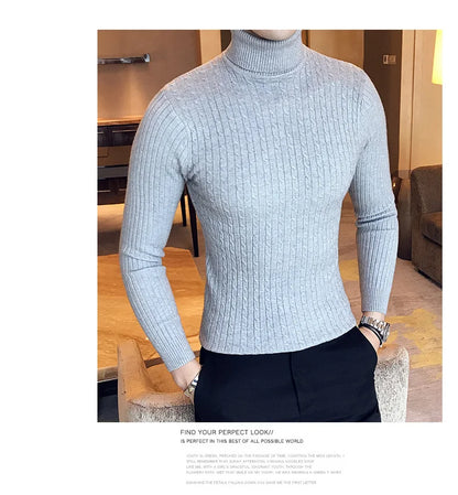 2023 Korean Slim Solid Color Turtleneck Sweater Mens Winter Long Sleeve Warm Knit Sweater Classic Solid Casual Bottoming Shirt