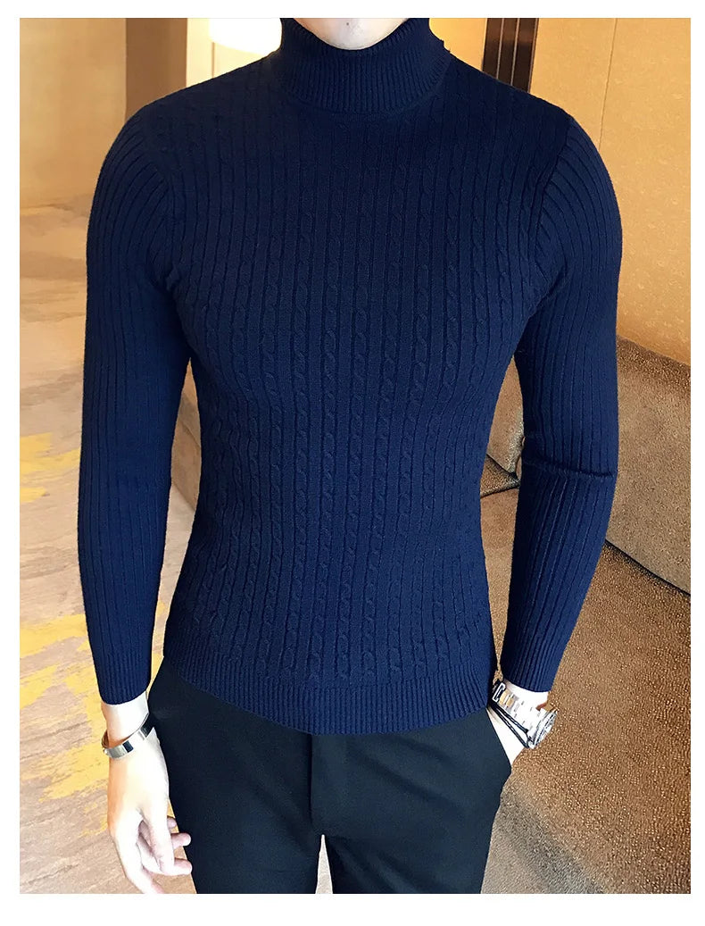 2023 Korean Slim Solid Color Turtleneck Sweater Mens Winter Long Sleeve Warm Knit Sweater Classic Solid Casual Bottoming Shirt