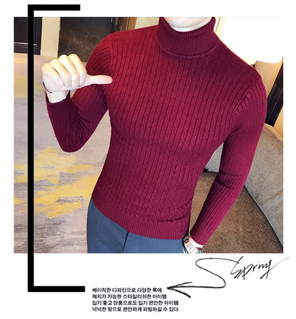 2023 Korean Slim Solid Color Turtleneck Sweater Mens Winter Long Sleeve Warm Knit Sweater Classic Solid Casual Bottoming Shirt