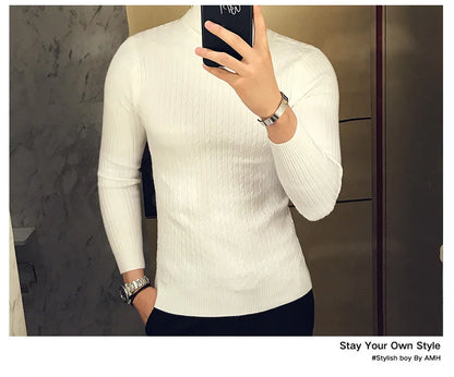 2023 Korean Slim Solid Color Turtleneck Sweater Mens Winter Long Sleeve Warm Knit Sweater Classic Solid Casual Bottoming Shirt