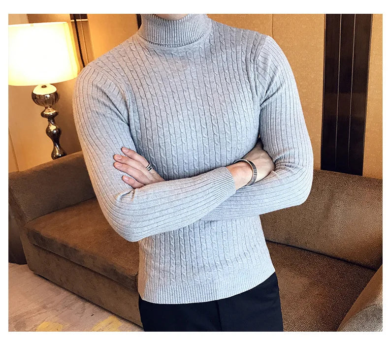 2023 Korean Slim Solid Color Turtleneck Sweater Mens Winter Long Sleeve Warm Knit Sweater Classic Solid Casual Bottoming Shirt