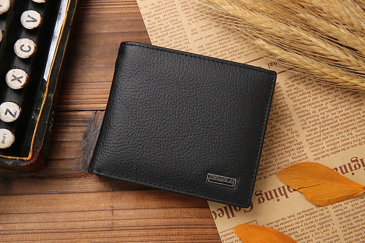 Genuine Leather Mens Wallet Premium Product Real Cowhide Wallets For Man Short Black Walet Portefeuille Homme Short Purses