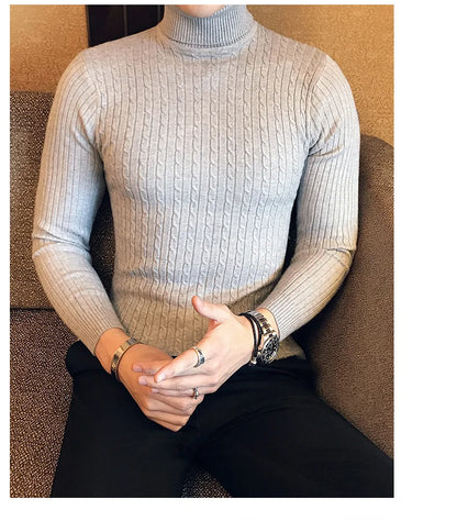 2023 Korean Slim Solid Color Turtleneck Sweater Mens Winter Long Sleeve Warm Knit Sweater Classic Solid Casual Bottoming Shirt