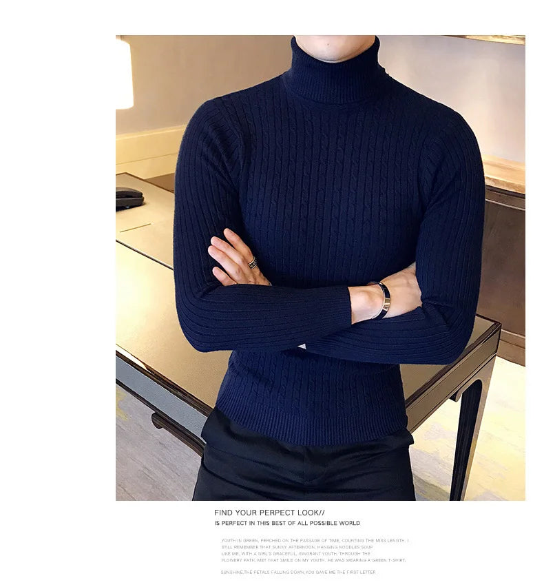 2023 Korean Slim Solid Color Turtleneck Sweater Mens Winter Long Sleeve Warm Knit Sweater Classic Solid Casual Bottoming Shirt