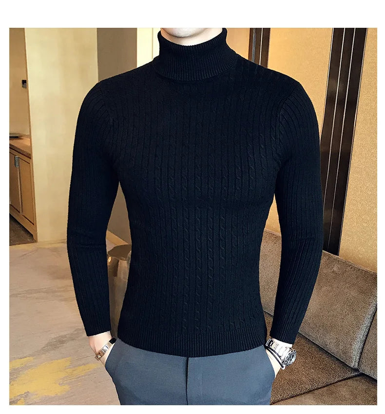 2023 Korean Slim Solid Color Turtleneck Sweater Mens Winter Long Sleeve Warm Knit Sweater Classic Solid Casual Bottoming Shirt