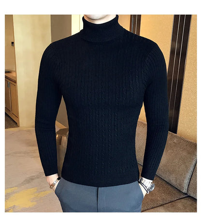 2023 Korean Slim Solid Color Turtleneck Sweater Mens Winter Long Sleeve Warm Knit Sweater Classic Solid Casual Bottoming Shirt