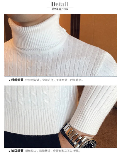 2023 Korean Slim Solid Color Turtleneck Sweater Mens Winter Long Sleeve Warm Knit Sweater Classic Solid Casual Bottoming Shirt