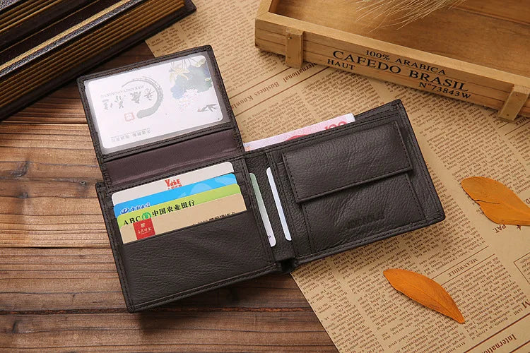 Genuine Leather Mens Wallet Premium Product Real Cowhide Wallets For Man Short Black Walet Portefeuille Homme Short Purses