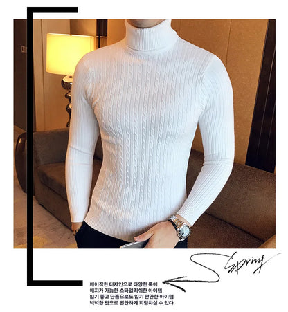 2023 Korean Slim Solid Color Turtleneck Sweater Mens Winter Long Sleeve Warm Knit Sweater Classic Solid Casual Bottoming Shirt