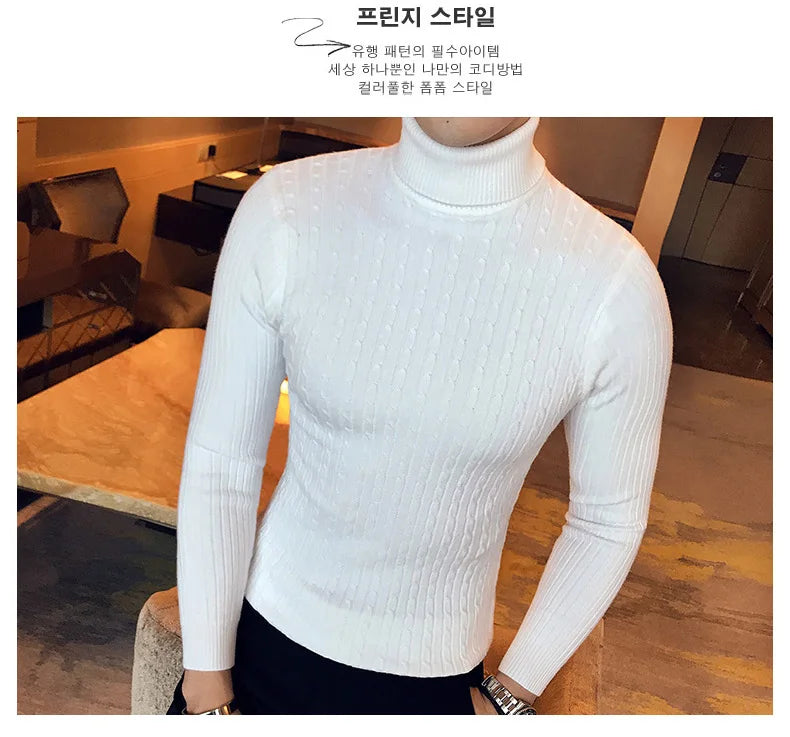 2023 Korean Slim Solid Color Turtleneck Sweater Mens Winter Long Sleeve Warm Knit Sweater Classic Solid Casual Bottoming Shirt