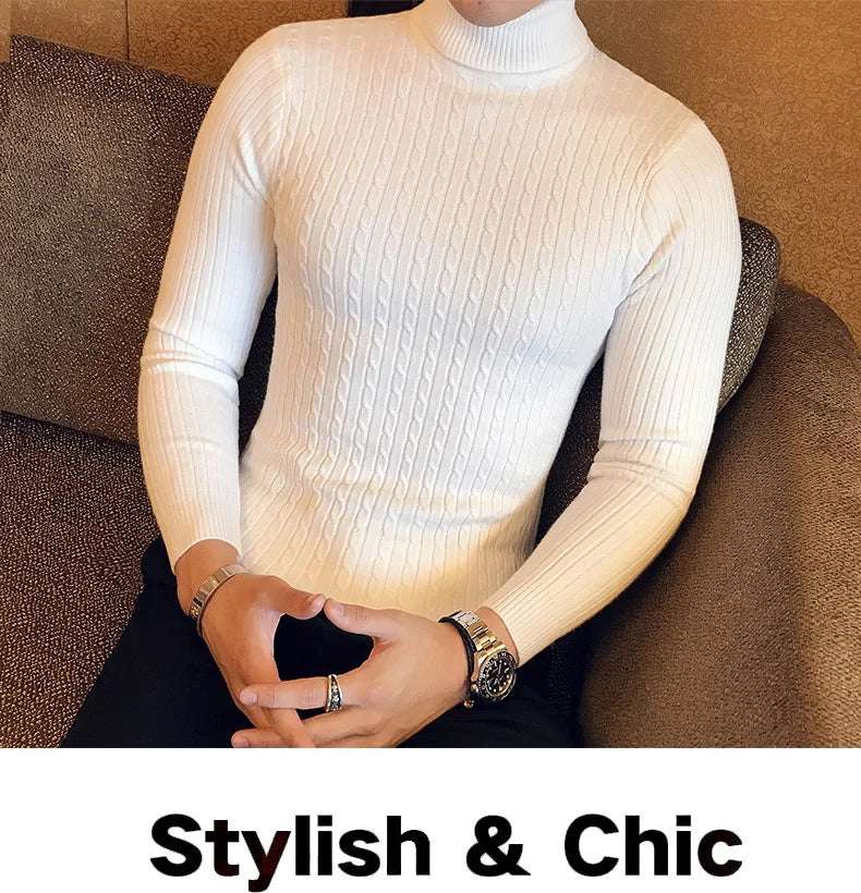 2023 Korean Slim Solid Color Turtleneck Sweater Mens Winter Long Sleeve Warm Knit Sweater Classic Solid Casual Bottoming Shirt