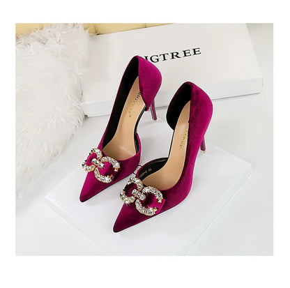 Fashion Women High Heel Rhinestone Buckle Bow Green Pink Pointed Toe Party Pumps Velvet Luxury Elegant Wedding Evening Shoes