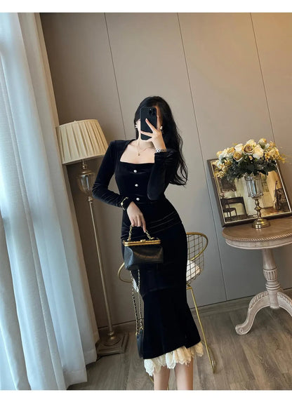 Elegant French Haban Style Fish Tail Skirt Spring Autumn Soft High Class Square Collar Long Sleeve Black Velvet Long Dress