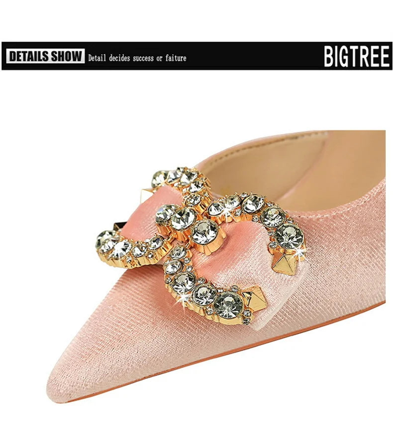 Fashion Women High Heel Rhinestone Buckle Bow Green Pink Pointed Toe Party Pumps Velvet Luxury Elegant Wedding Evening Shoes