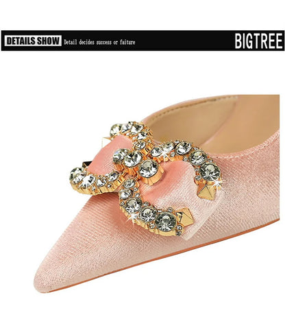 Fashion Women High Heel Rhinestone Buckle Bow Green Pink Pointed Toe Party Pumps Velvet Luxury Elegant Wedding Evening Shoes