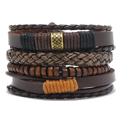 4Pcs/ Set Braided Wrap Leather Bracelets for Men Vintage Life Tree Rudder Charm Wood Beads Ethnic Tribal Wristband Rope Bracelet