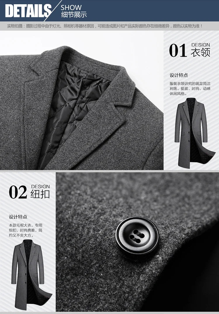 New autumn and winter high-quality wool black gray classic thick warm men's wool long windbreaker jacket 2025 coat men