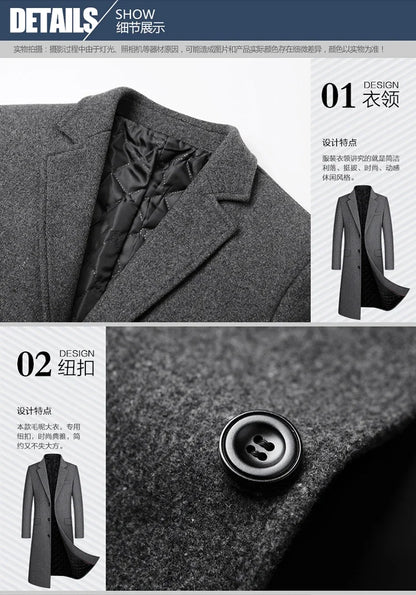 New autumn and winter high-quality wool black gray classic thick warm men's wool long windbreaker jacket 2025 coat men