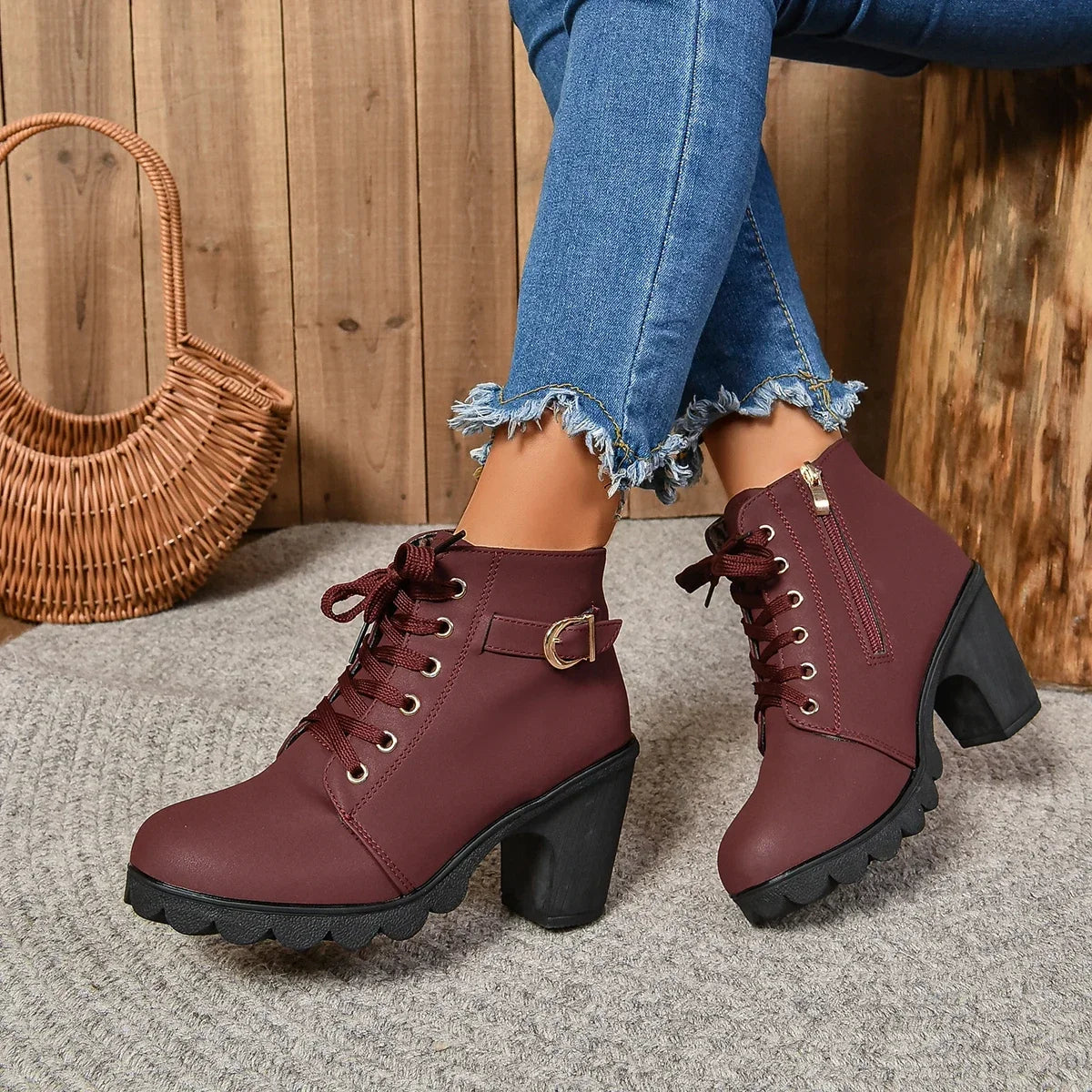 2024 Women Shoes Women Fashion High Heel Lace Up Ankle Boots Ladies Buckle Platform Artificial Leather Shoes Bota Feminina