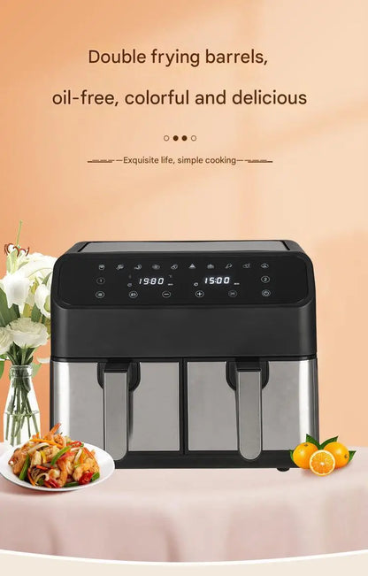 8L 2000W Stainless Steel Air Fryer Double Basket Digital Display with 8 Cooking Presets Oilless Cooker Dishwasher Safe Basket