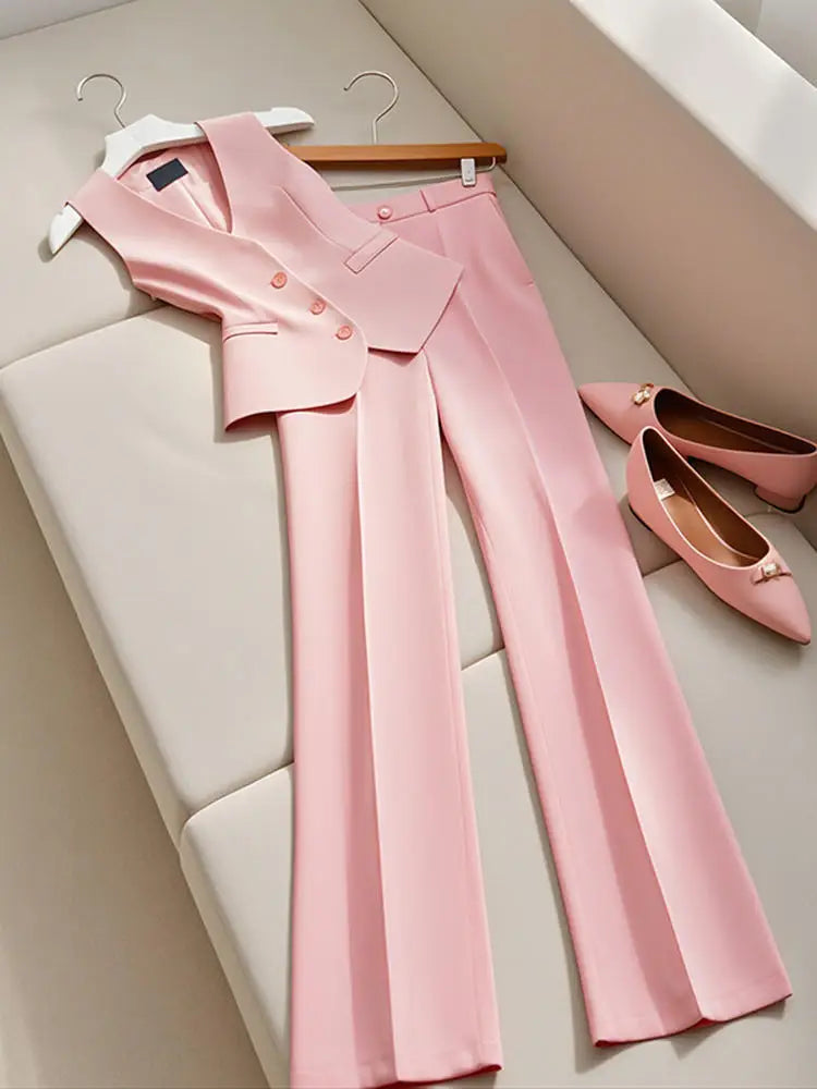 Fashion Sweet Sleeveless Slim Fit Vest Tops Women+ Y2k High Waist Straight Loose Wide Leg Pants 2025 New Pink Two Piece Sets