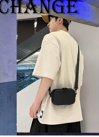 Simple Lightweight Box Bag Unisex Trendy Diagonal Striped Shoulder Bag Soft PU Leather pressed shell Men's Messenger Bag