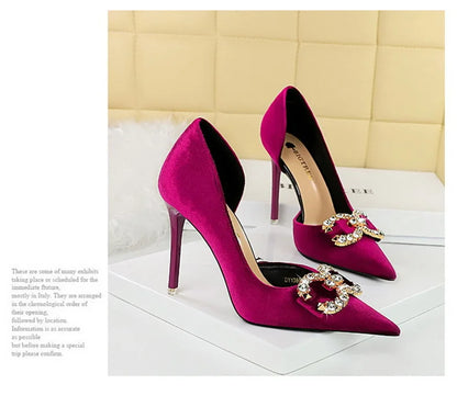 Fashion Women High Heel Rhinestone Buckle Bow Green Pink Pointed Toe Party Pumps Velvet Luxury Elegant Wedding Evening Shoes