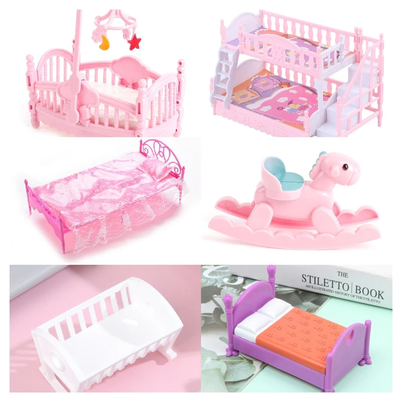 Doll Children Play House For Barbie Doll Accessories Simulation European Furniture Princess Double Bed With Stairs Toys