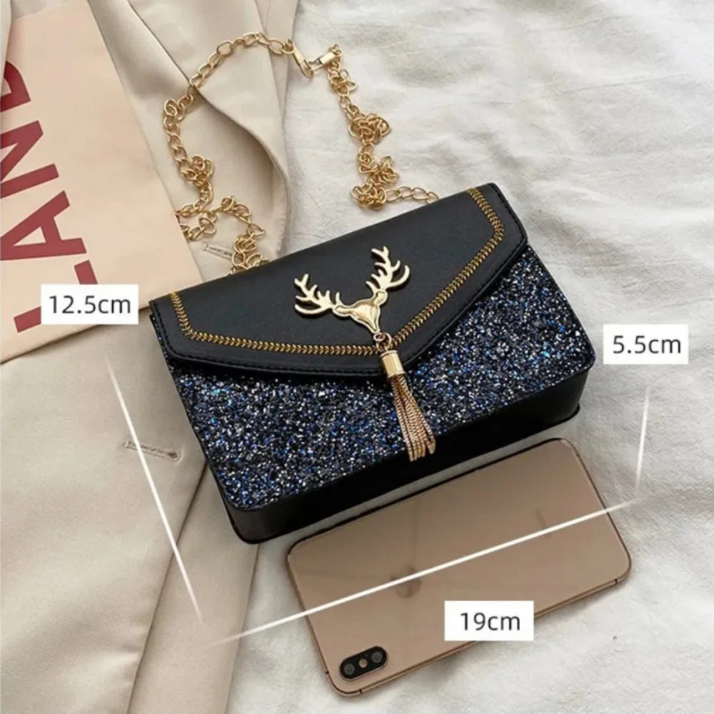 Fashion Women Shoulder Bag Deer Head Decoration Messenger Bags Pu Leather Button Underarm Luxury Chain Lady Small Square Handbag