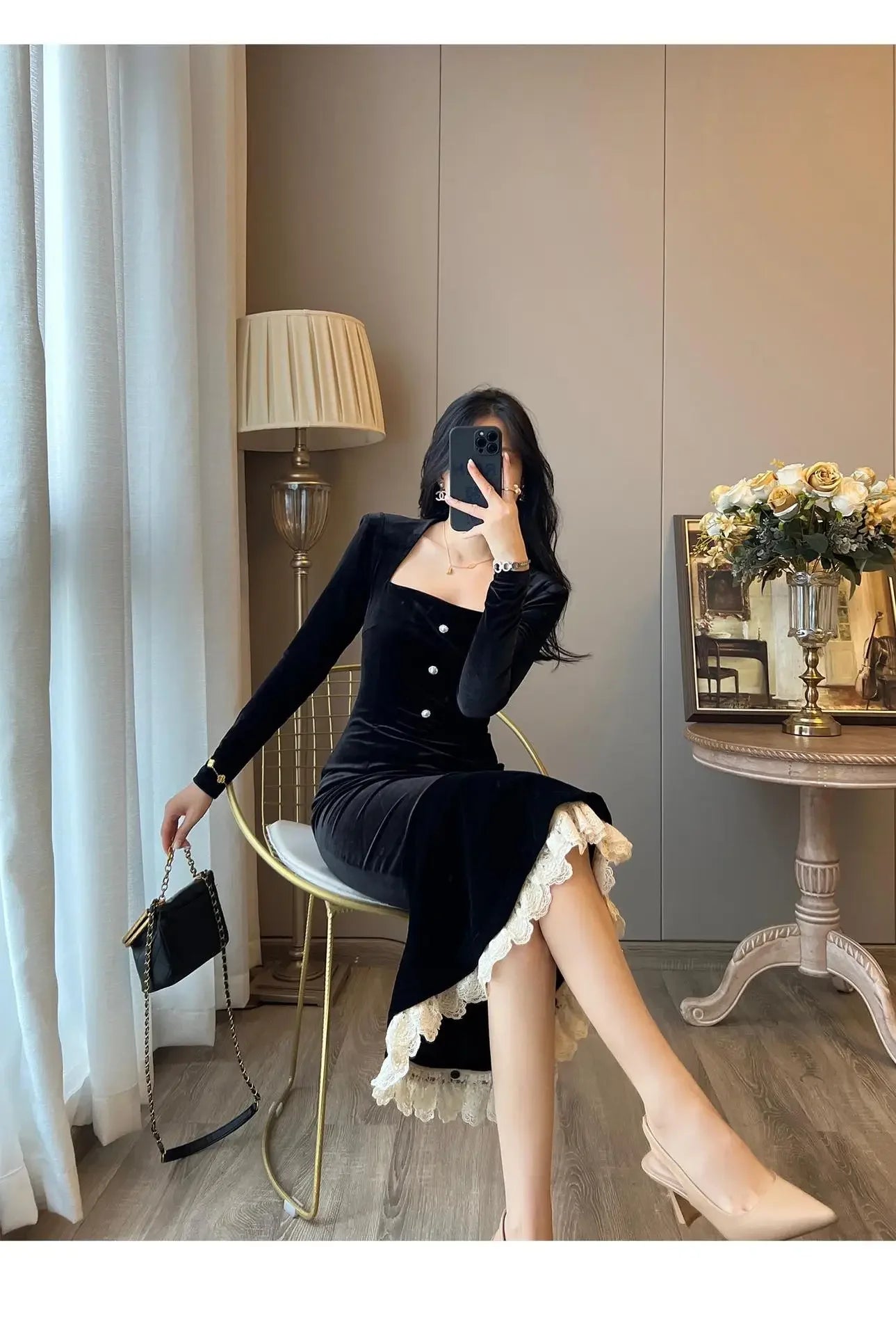 Elegant French Haban Style Fish Tail Skirt Spring Autumn Soft High Class Square Collar Long Sleeve Black Velvet Long Dress