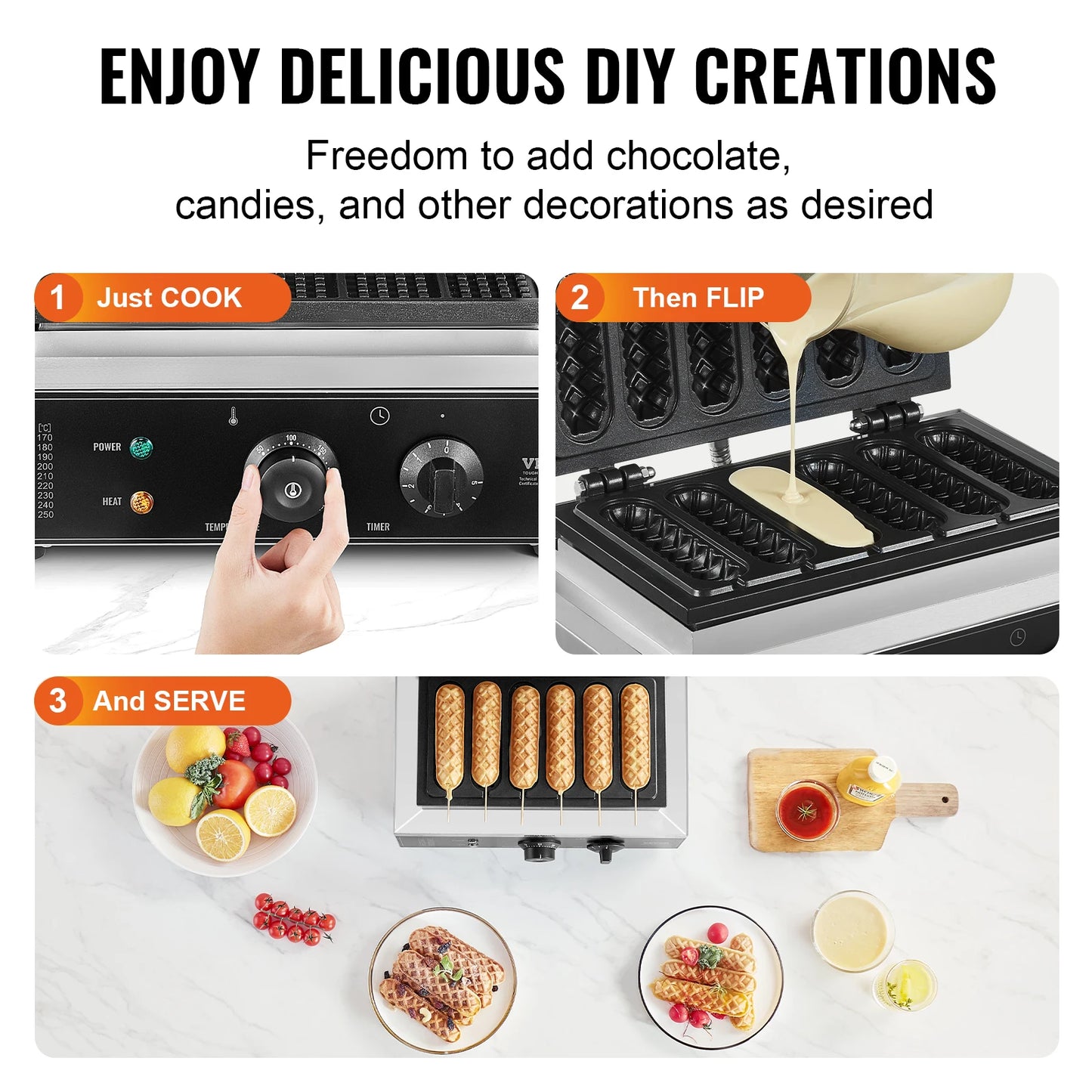 VEVOR Commercial Waffle Stick Maker 6PCS Waffle Baker Machine Non-Stick Stainless Steel Corn Hot Dog Waffle Iron for Restaurant