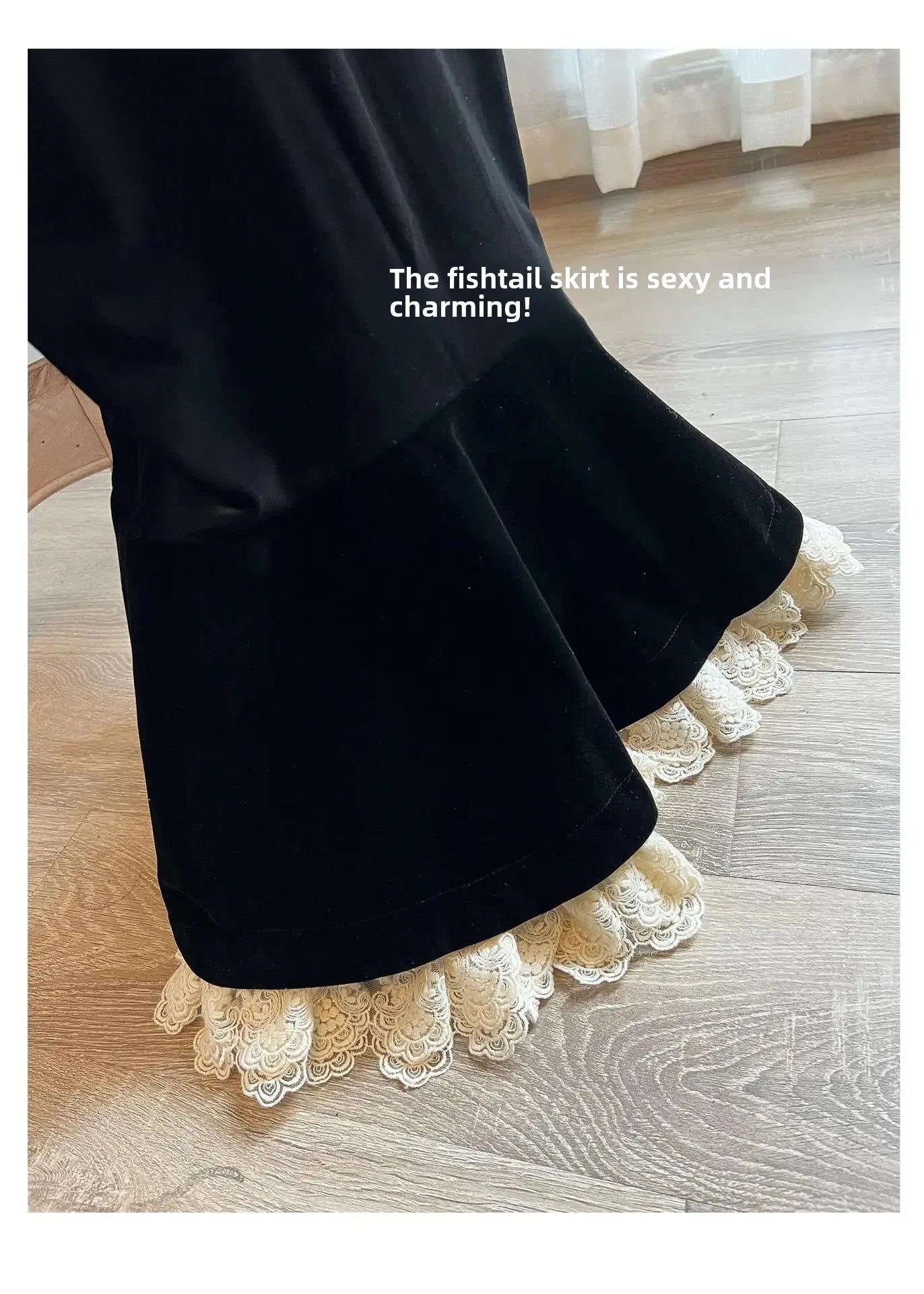 Elegant French Haban Style Fish Tail Skirt Spring Autumn Soft High Class Square Collar Long Sleeve Black Velvet Long Dress