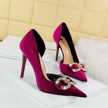 Fashion Women High Heel Rhinestone Buckle Bow Green Pink Pointed Toe Party Pumps Velvet Luxury Elegant Wedding Evening Shoes