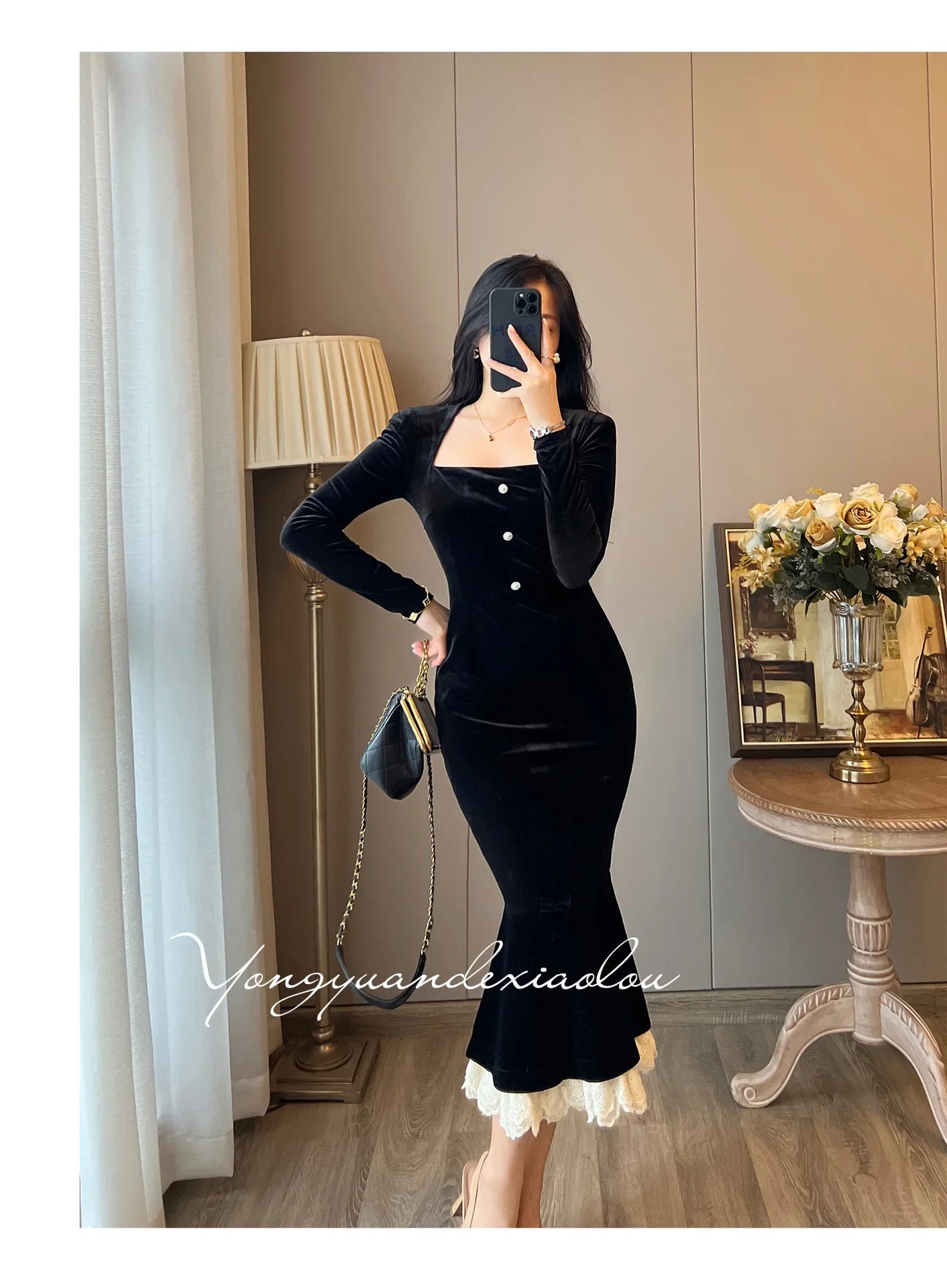 Elegant French Haban Style Fish Tail Skirt Spring Autumn Soft High Class Square Collar Long Sleeve Black Velvet Long Dress